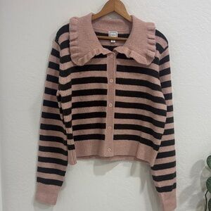 Maeve Pink and Brown Striped Ruffle-Collar Cardigan